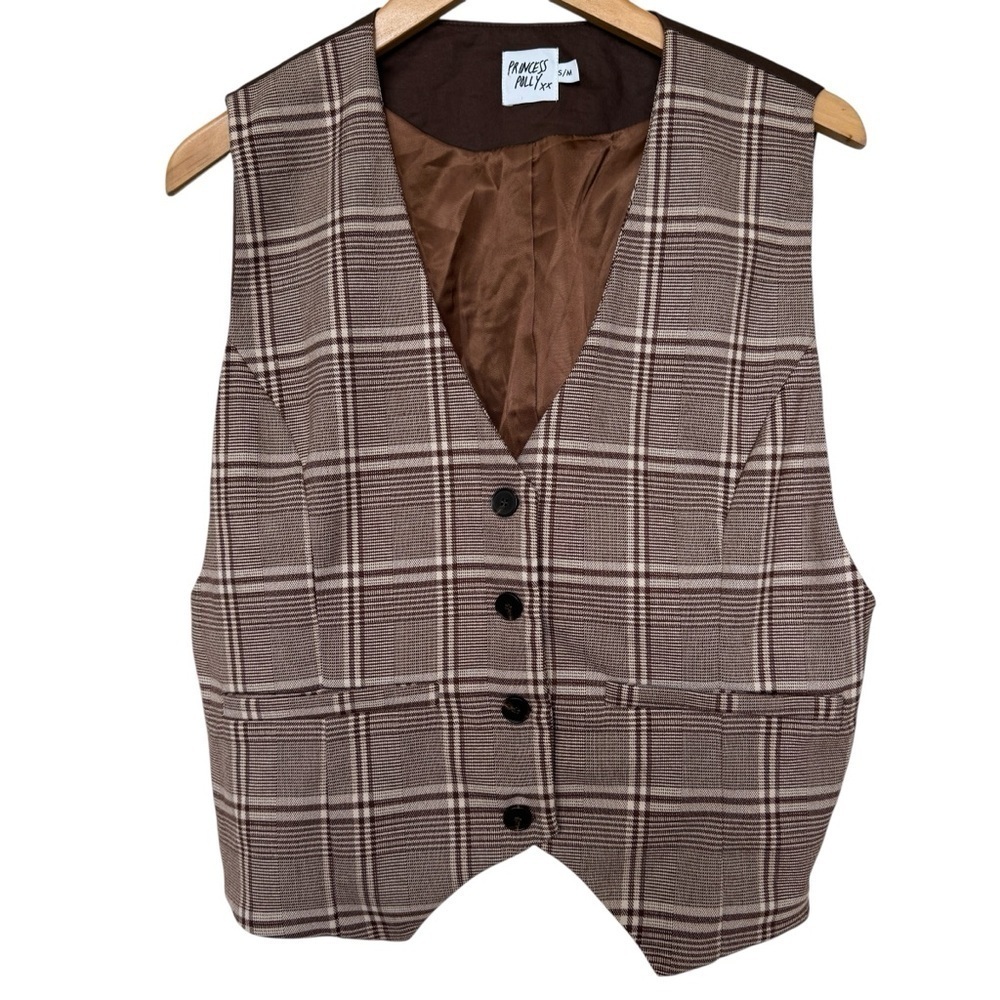 Princess Polly Carrie Oversized Plaid Vest Brown S/M Casual Women's Preppy Fall